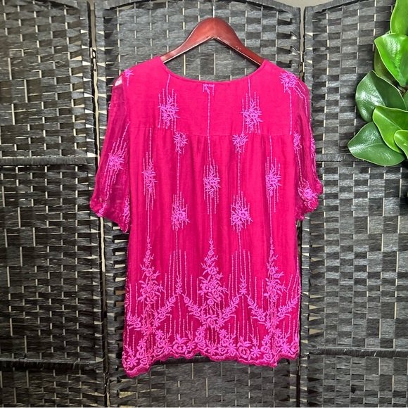 Sundance embroidered magenta blouse sheer sleeves floral dainty medium - Picture 6 of 6